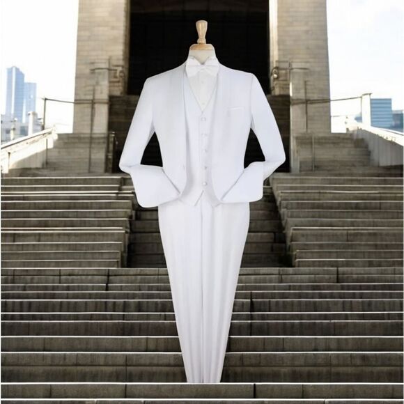 MEN'S ROYAL DIAMOND 3 PIECE SOLID WHITE 1 BUTTON VESTED SHAWL TUXEDO. TU-6. - Picture 1 of 2